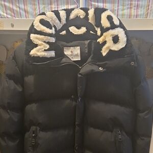 Moncler Black Puffer Jacket with Cream Logo Hood